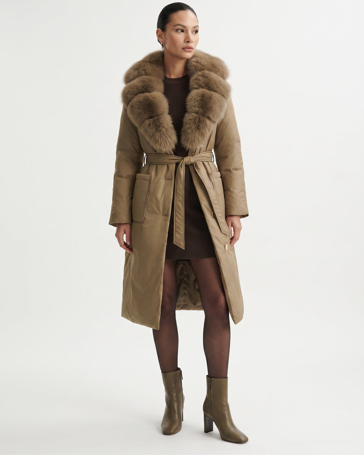 Long Belted Down Coat with Statement Collar – view 5