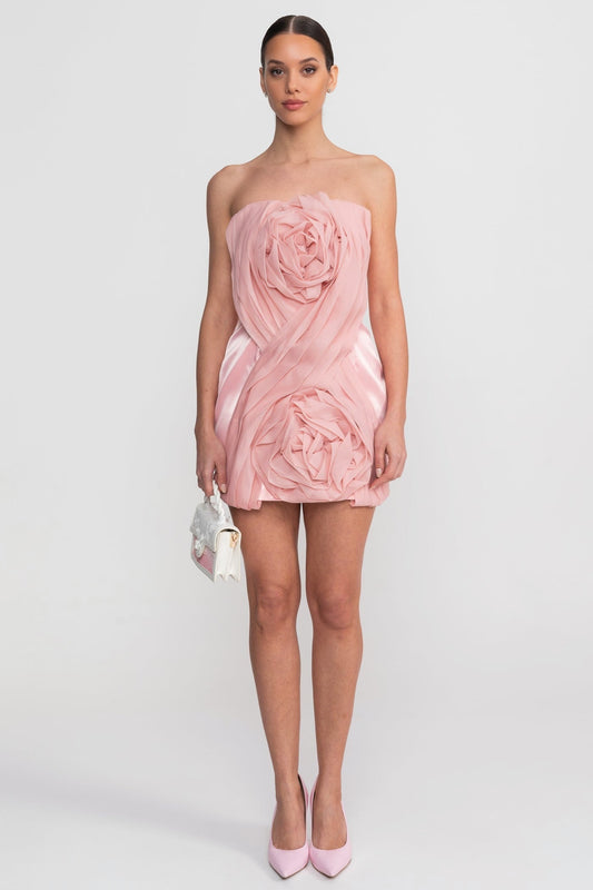 Strapless Bandeau Mini Dress with Draped Bodice and 3D Roses – Blush Pink