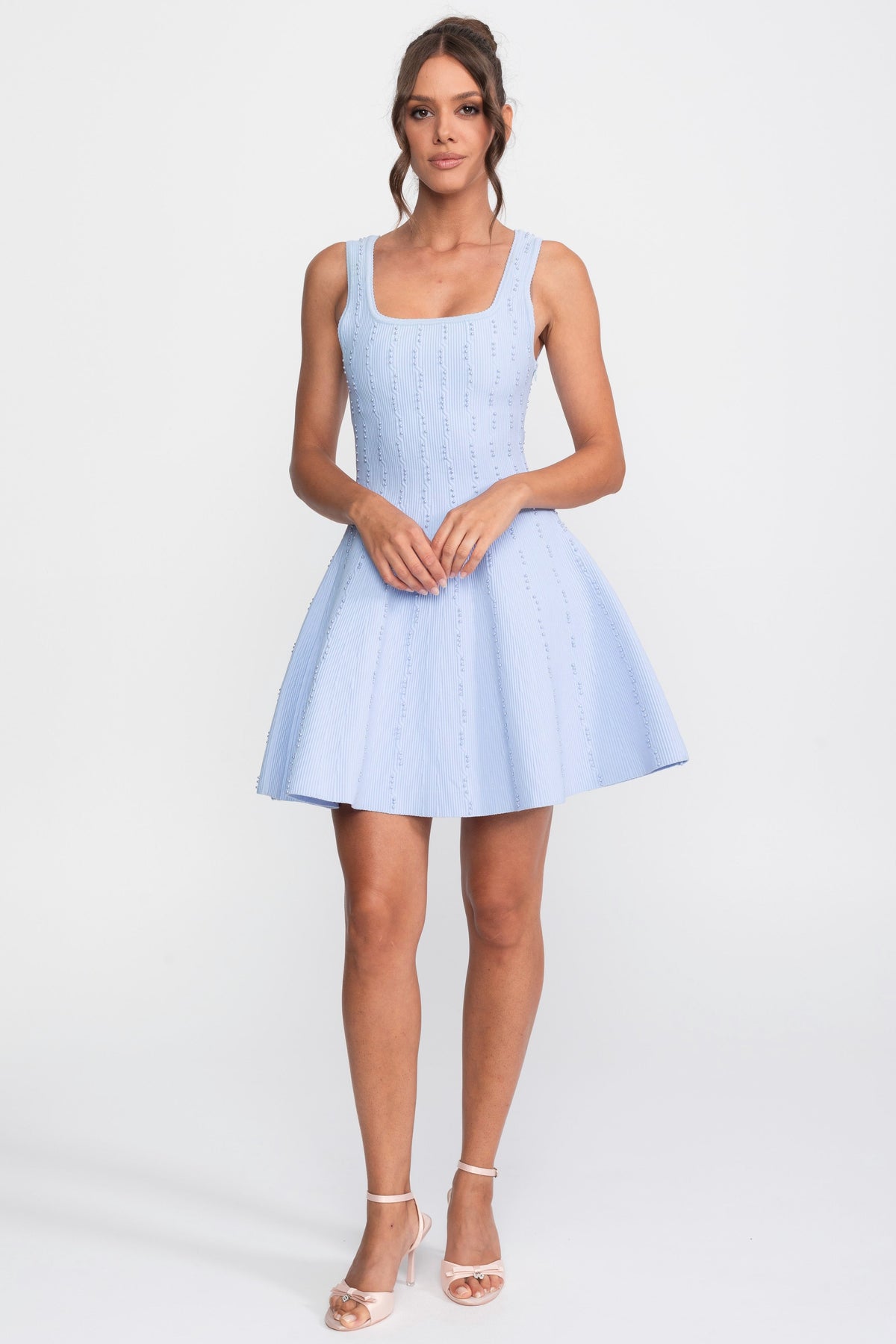 Sleeveless Square Neck Ribbed Knit Mini Dress with Pearl Beading – Light Blue – view 1