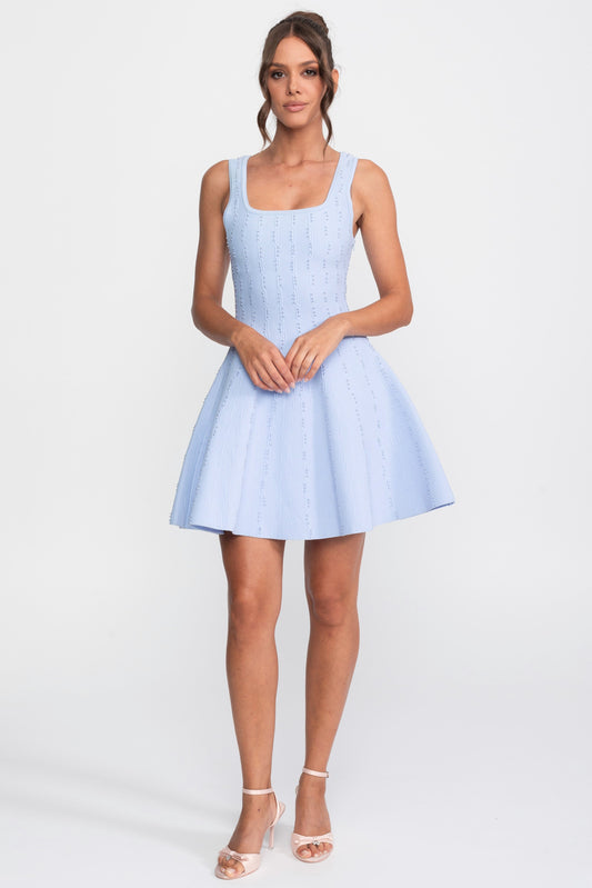 Sleeveless Square Neck Ribbed Knit Mini Dress with Pearl Beading – Light Blue