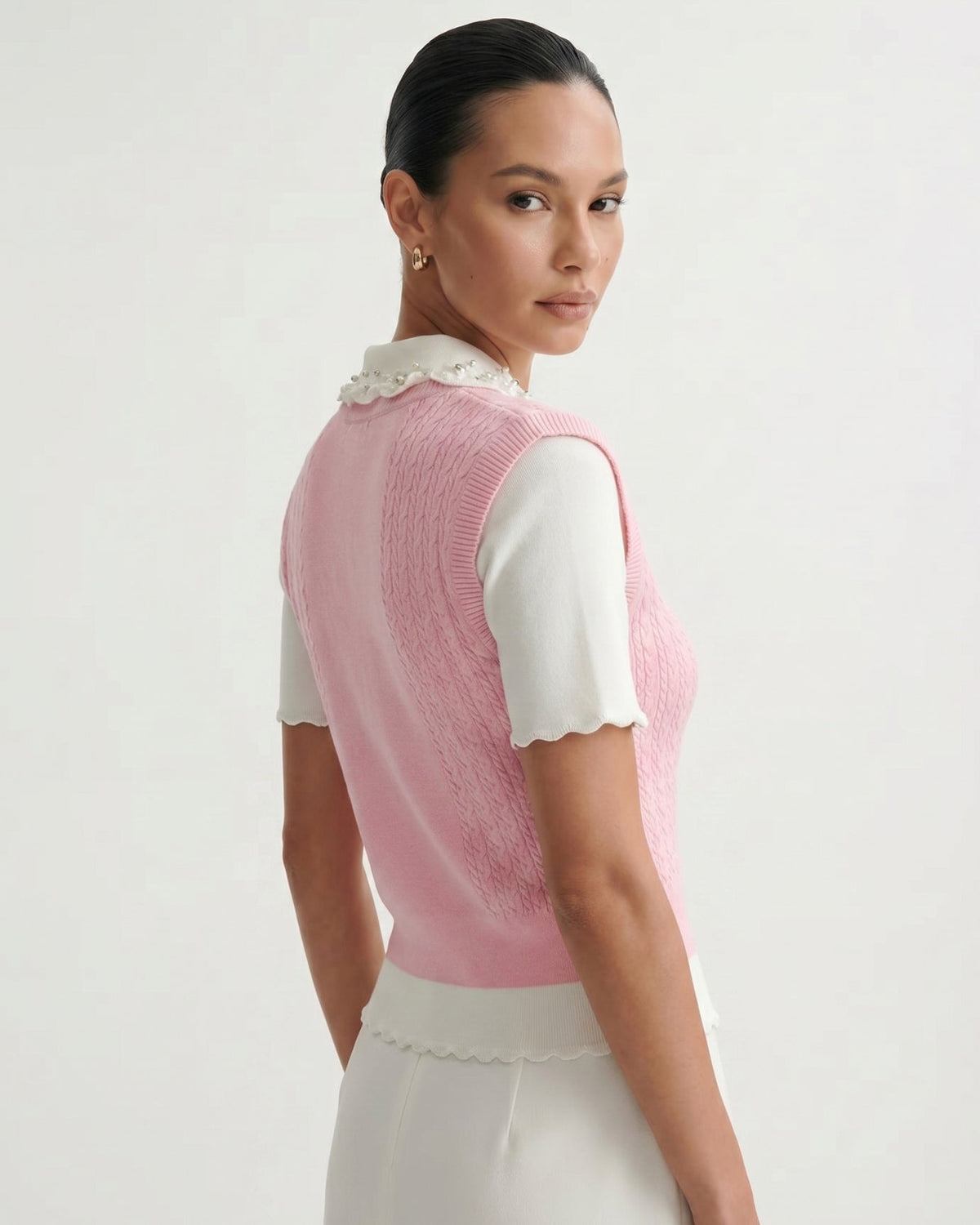 Slim Fit Wool Knitted Top with Lace Polo Collar Detail