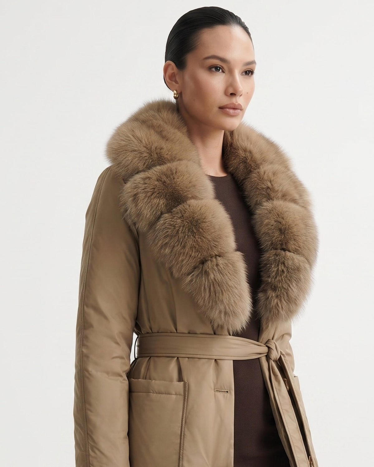 Long Belted Down Coat with Statement Collar