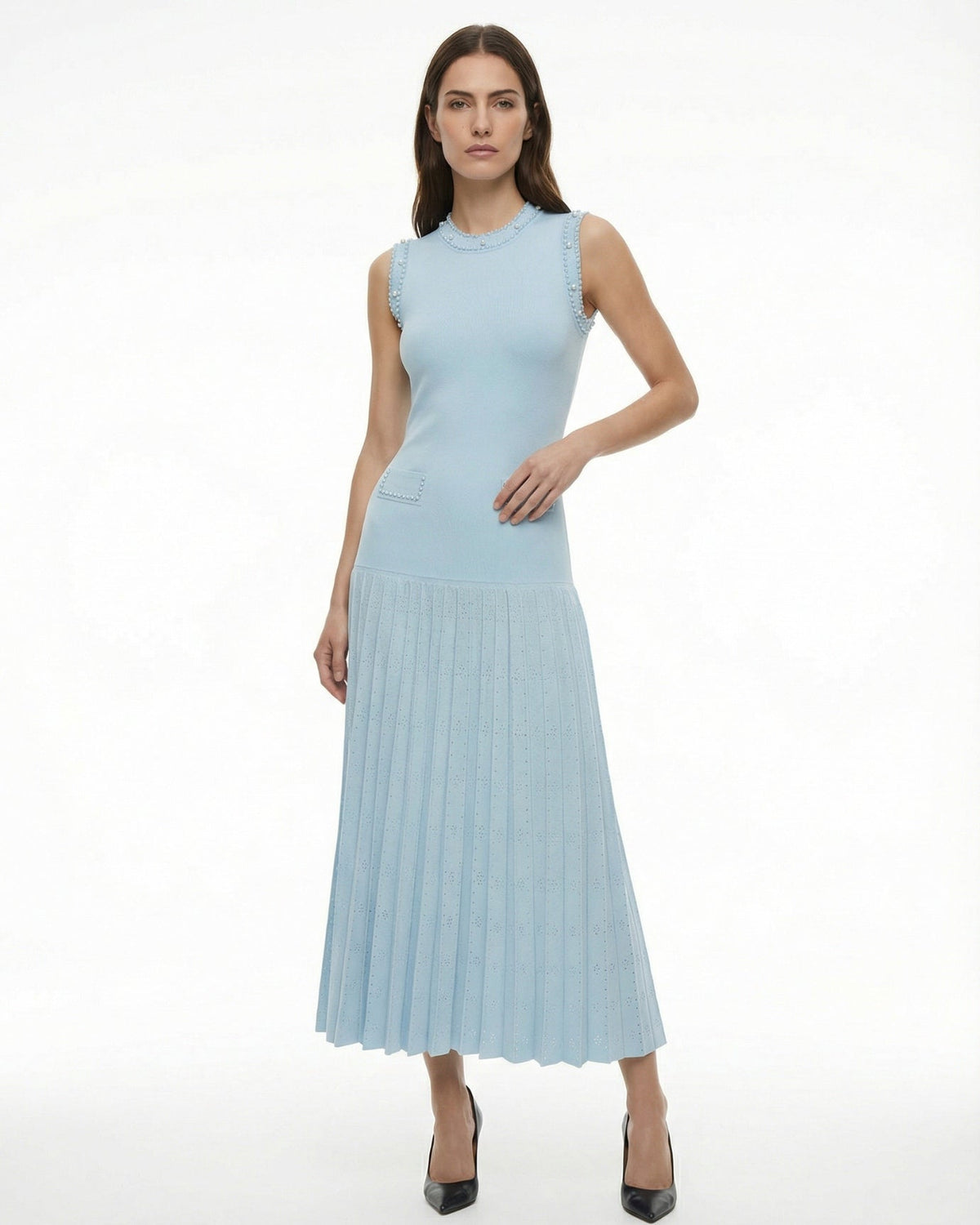 Hamptons Beaded Neck Lace Panel Slim Fit Fishtail Knit Dress – view 2