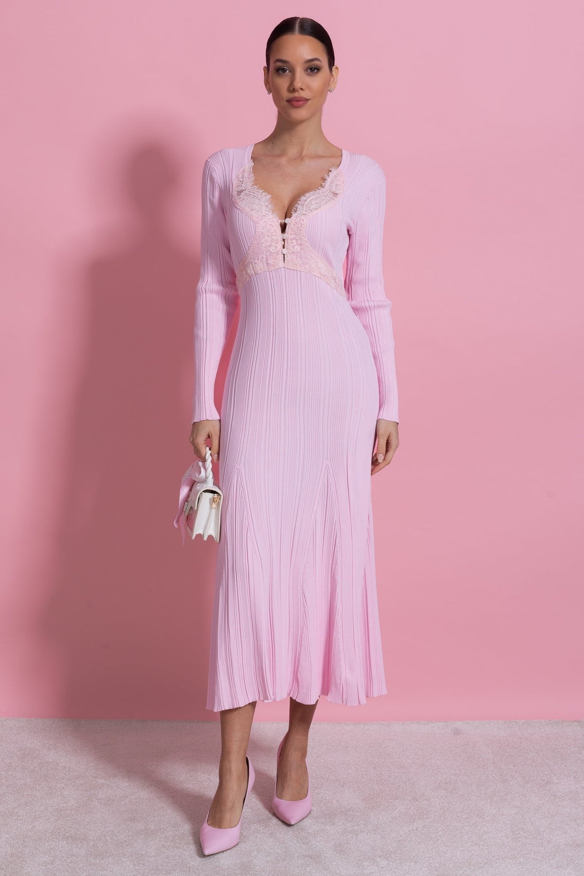 Ribbed Knit Lace Trim V-Neck Long Sleeve Midi Dress – Baby Pink – view 8