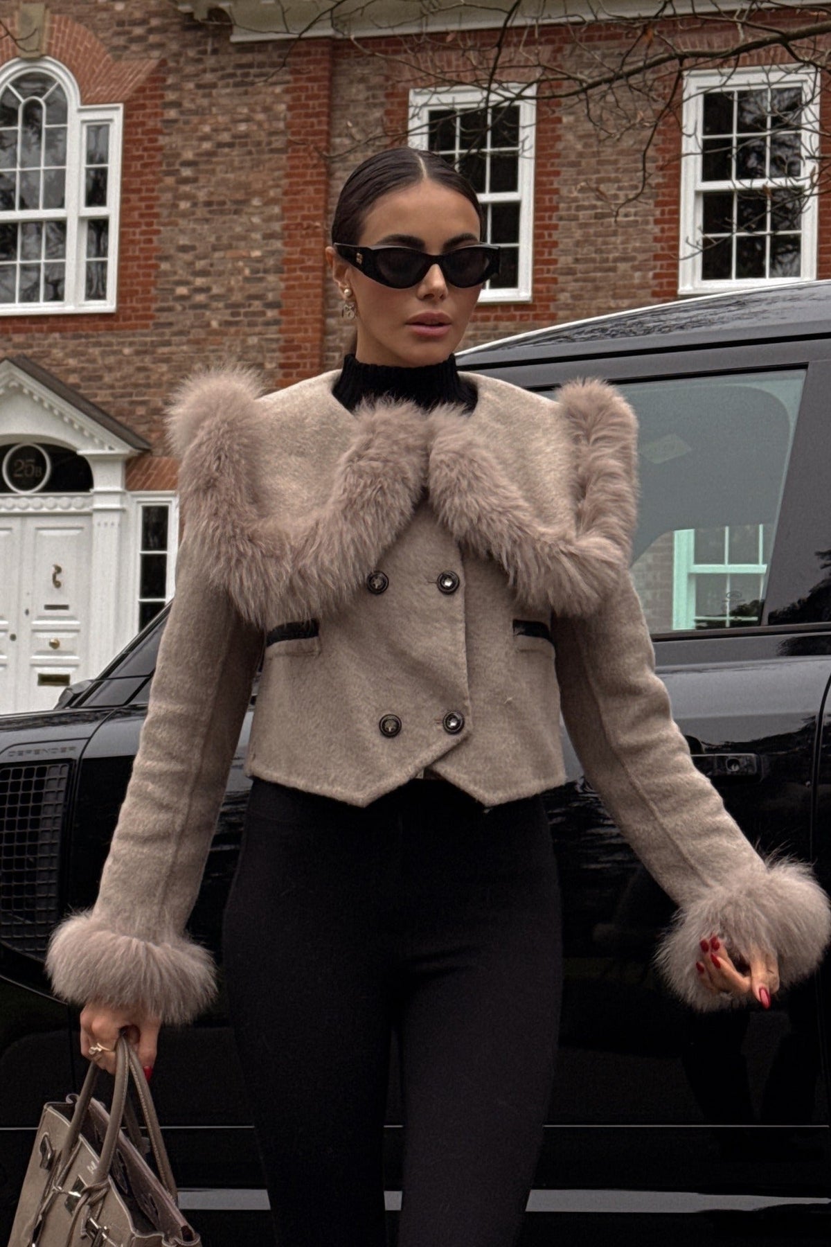 Double-Breasted Cropped Jacket with Trimmed Collar and Cuffs – Brown – view 5