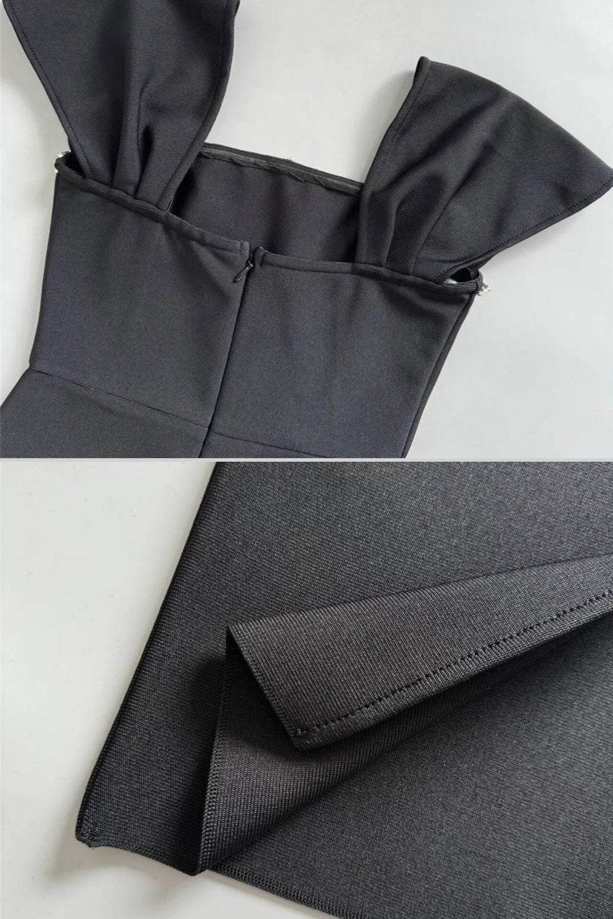 Off-Shoulder Fitted Maxi Gown with Crystal Trim and Cap Sleeves – Black – view 5