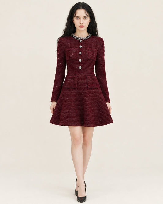 Long Sleeve Cotton Blend Knit Mini Dress – Burgundy – view 2