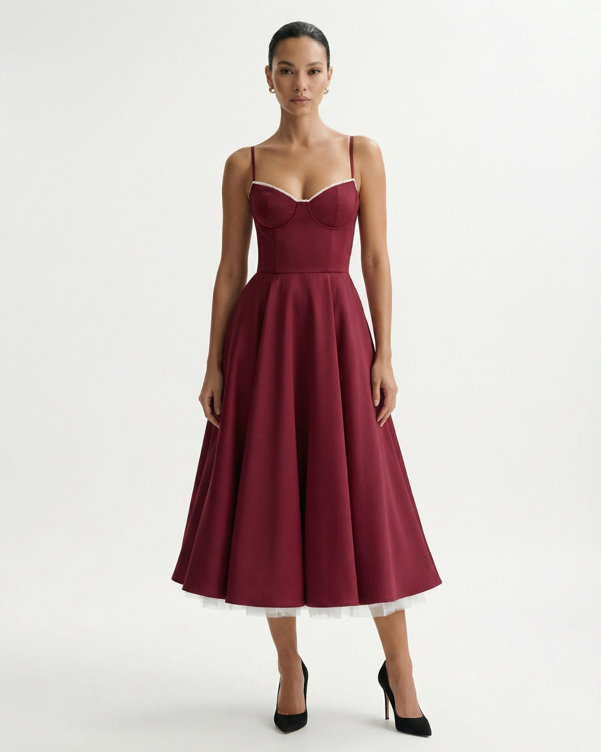 Giulia Duchess Satin Midi Dress with Tulle Underskirt – Burgundy Red – view 2