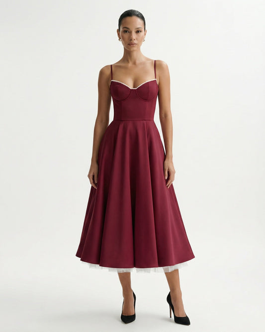 Giulia Duchess Satin Midi Dress with Tulle Underskirt – Burgundy Red – view 2