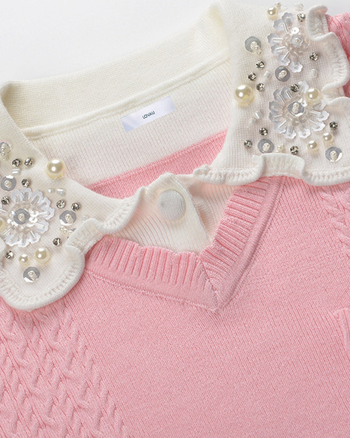 Slim Fit Wool Knitted Top with Lace Polo Collar Detail – view 6