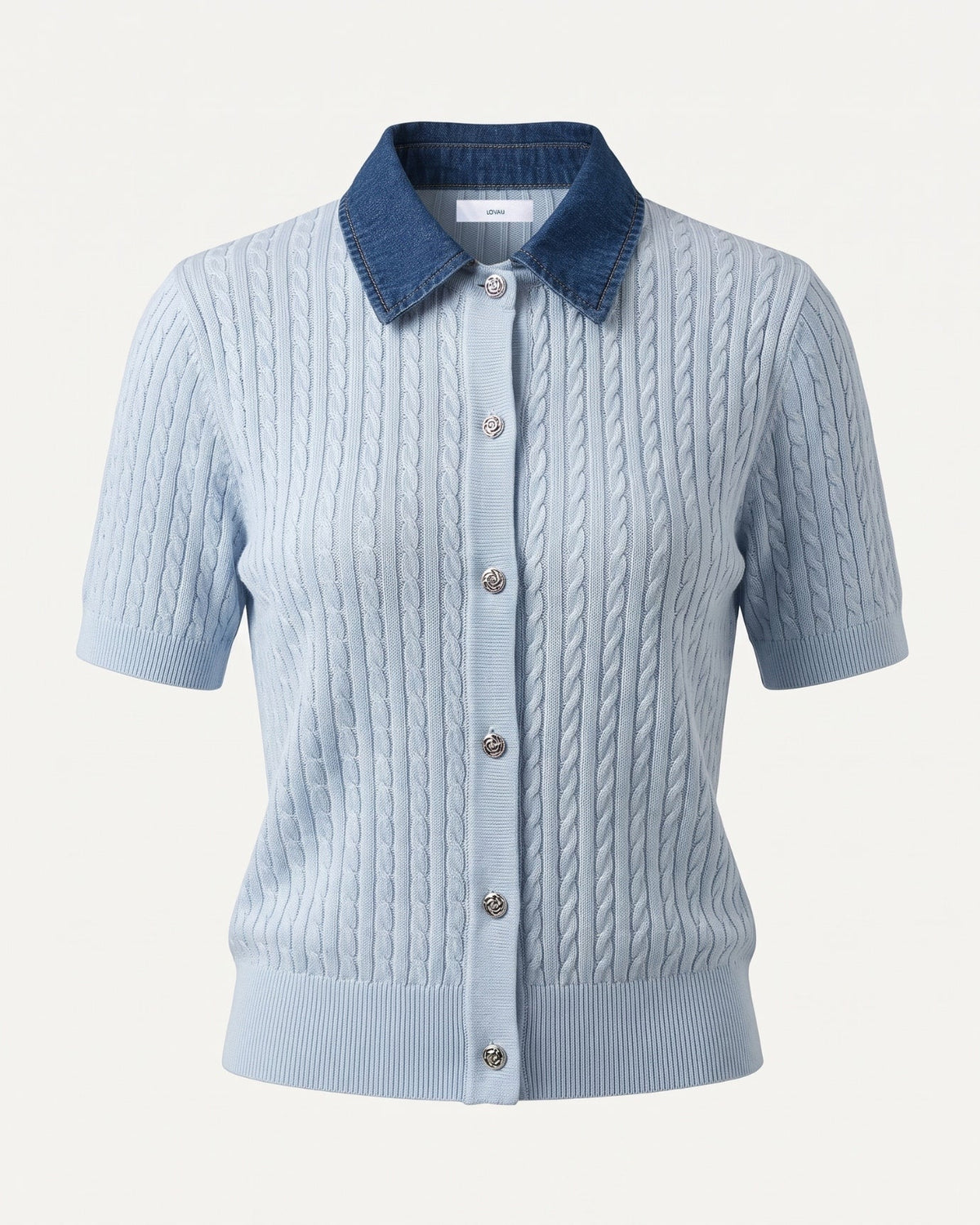 Tailored Knit Polo Top with Denim Lapel Collar
