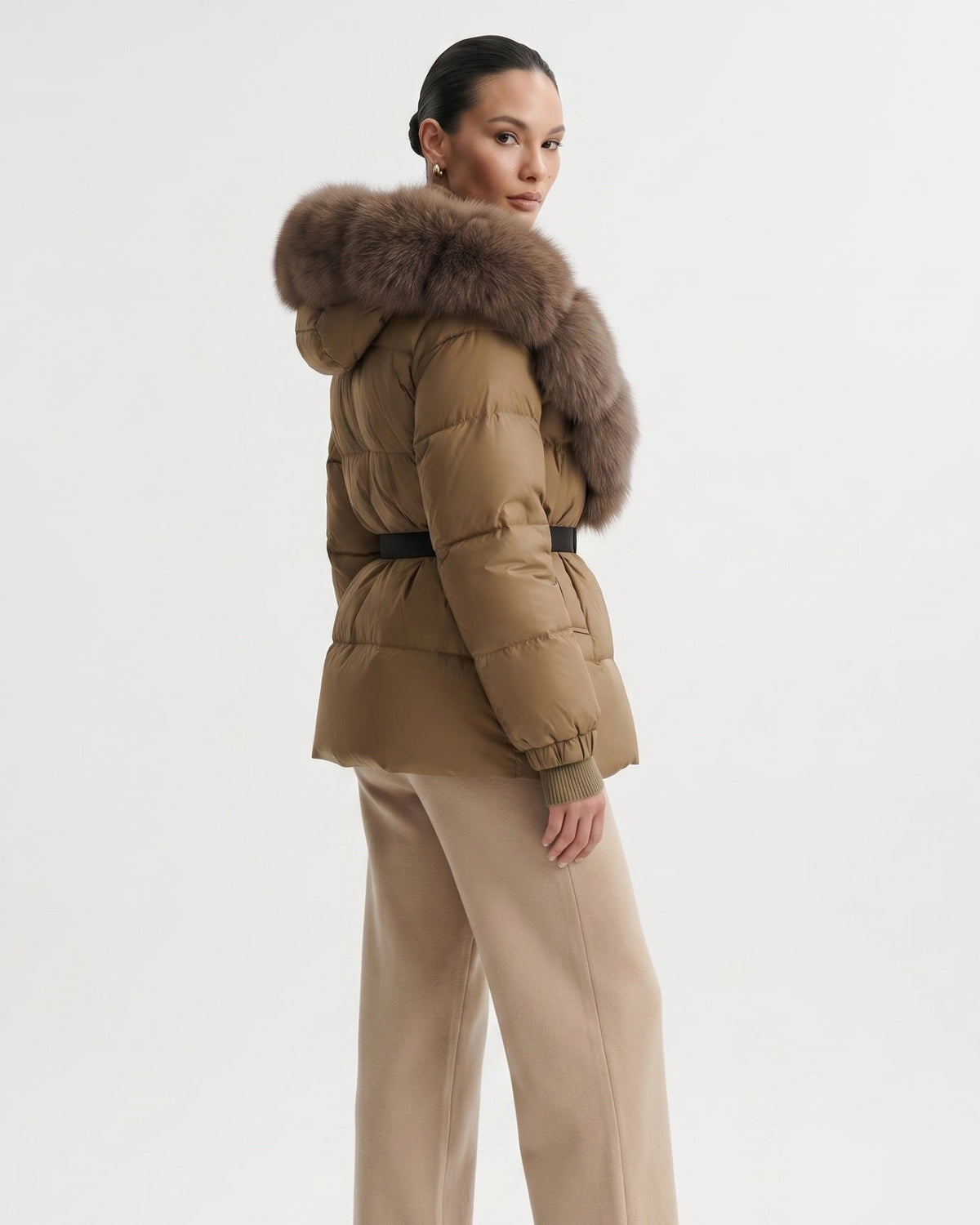 Duck Down Puffer Jacket with Trimmed Hood and Cinched Waist – view 9