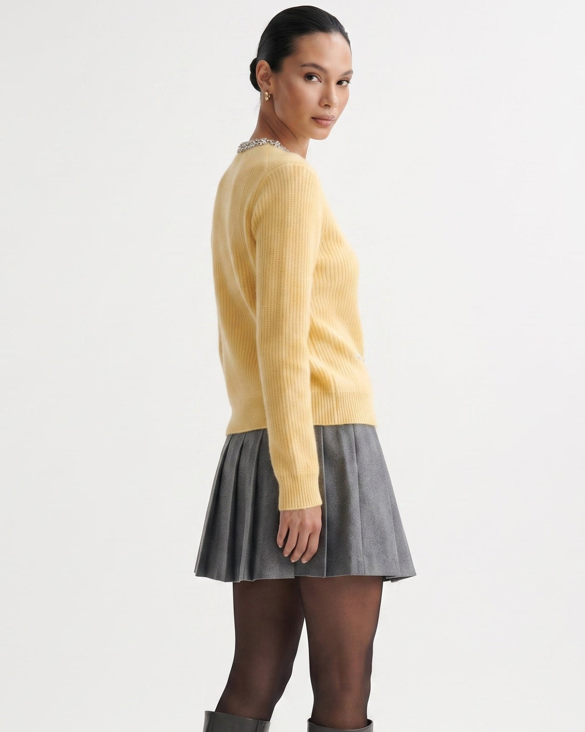 Round Neck Diamond Pattern Knit Pure Cashmere Cardigan – view 3