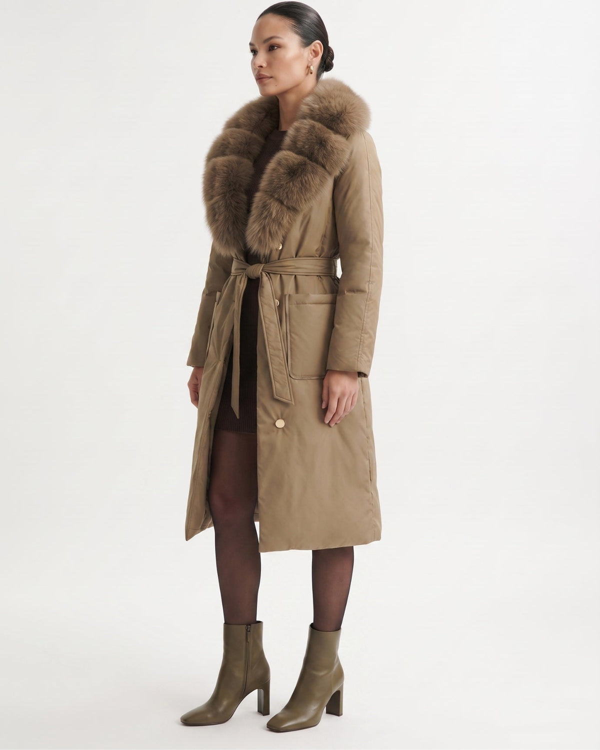 Long Belted Down Coat with Statement Collar – view 7
