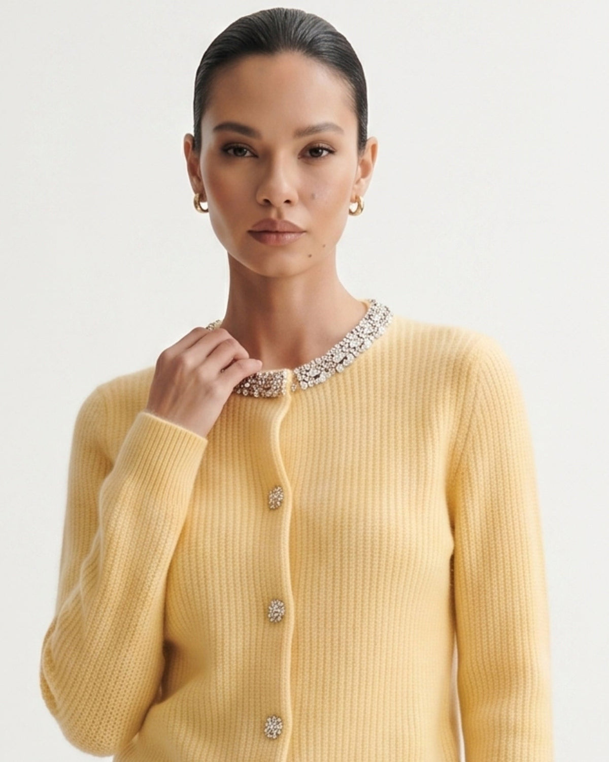 Round Neck Diamond Pattern Knit Pure Cashmere Cardigan – view 4