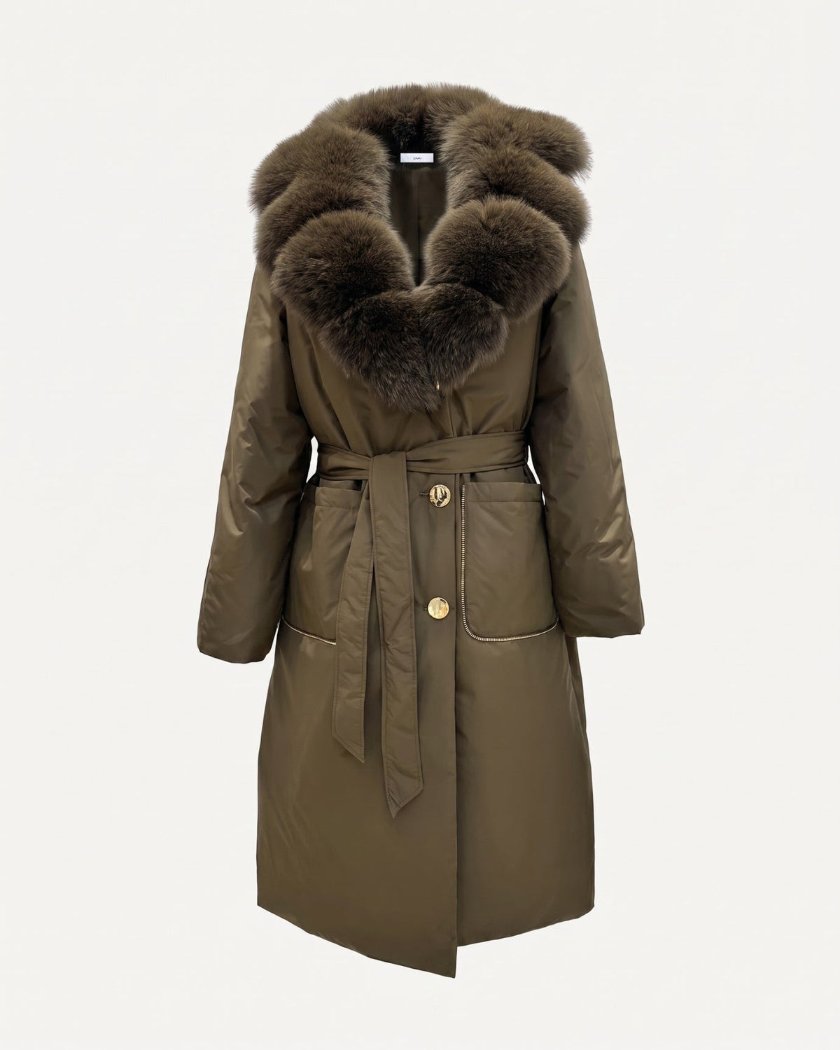 Long Belted Down Coat with Statement Collar