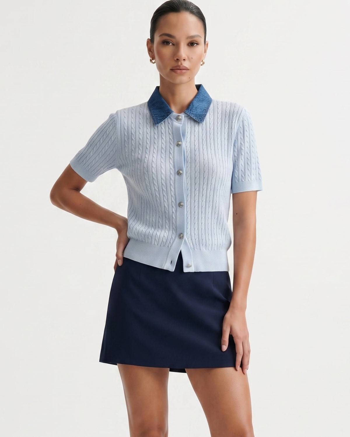 Tailored Knit Polo Top with Denim Lapel Collar – view 6