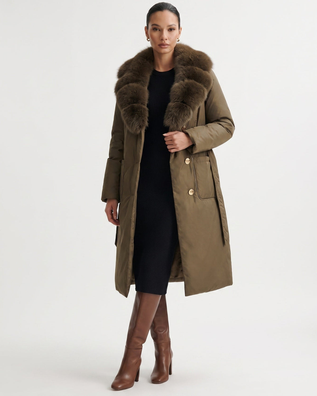 Long Belted Down Coat with Statement Collar