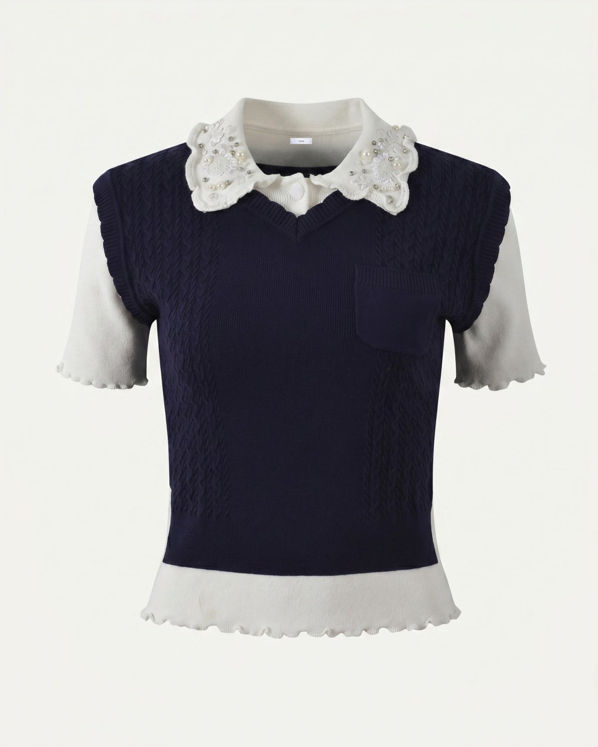Slim Fit Wool Knitted Top with Lace Polo Collar Detail