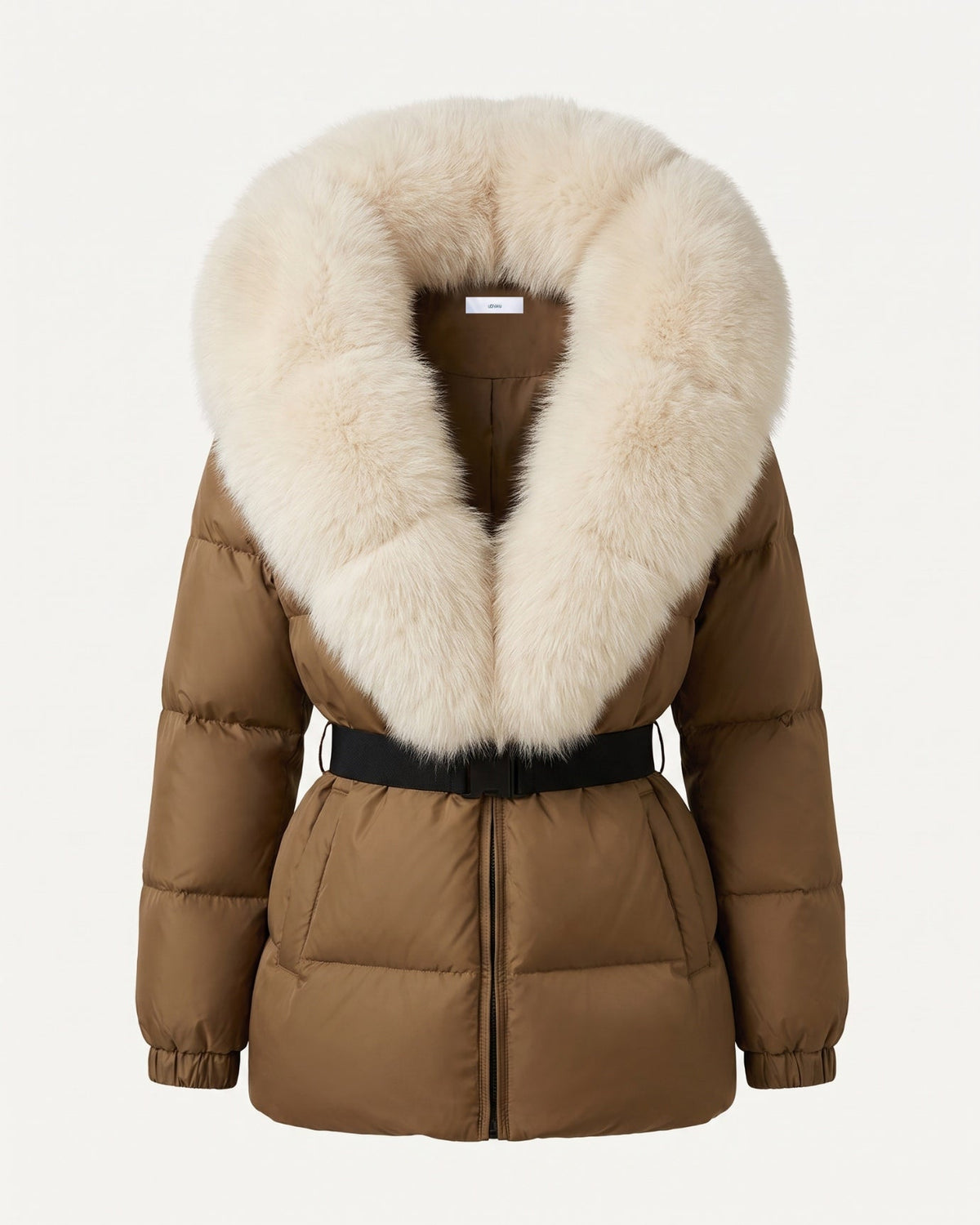Duck Down Puffer Jacket with Trimmed Hood and Cinched Waist