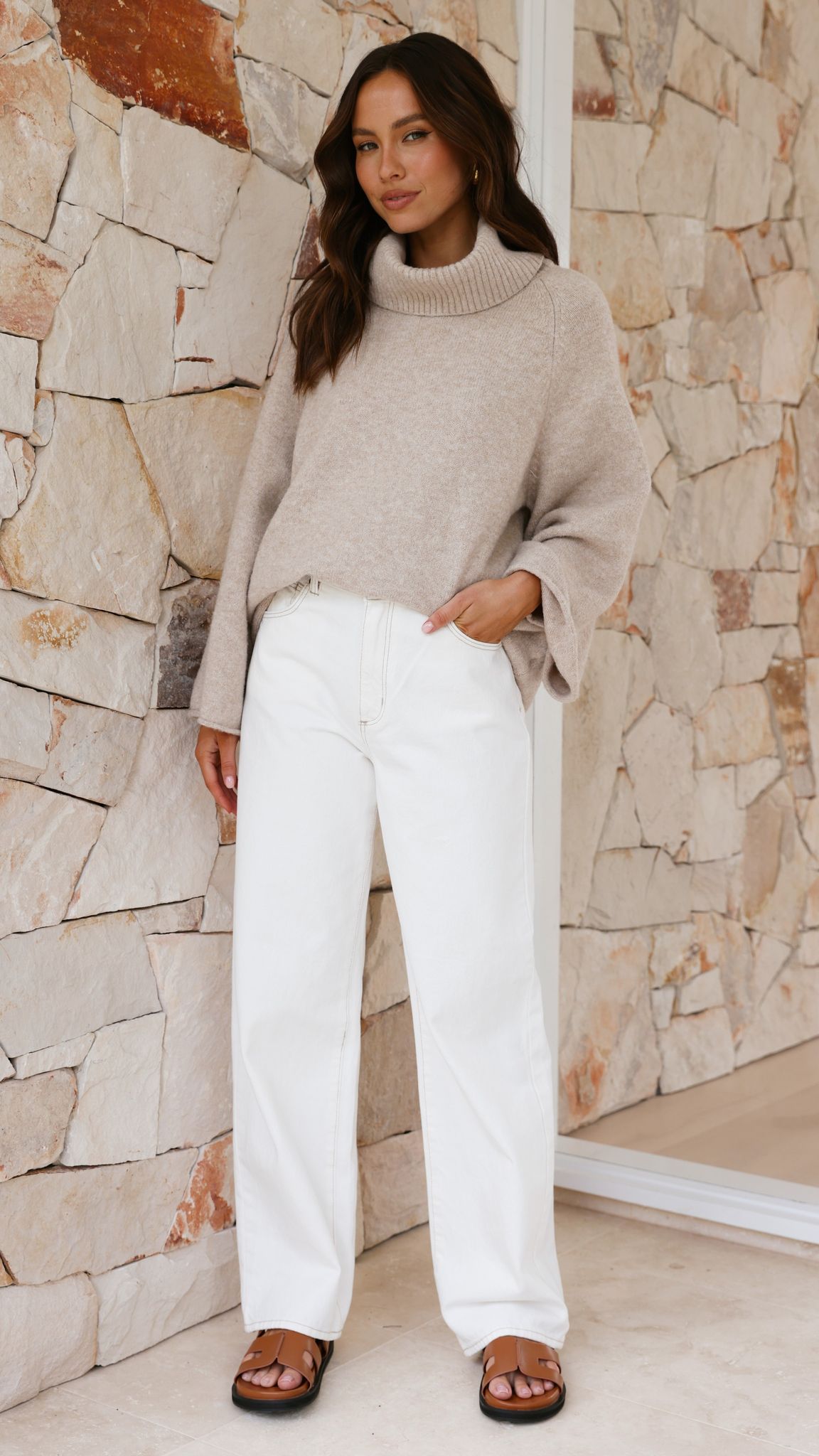Jacques Ribbed Cowl Neck Wide Sleeve Knit Jumper – Oatmeal – view 16