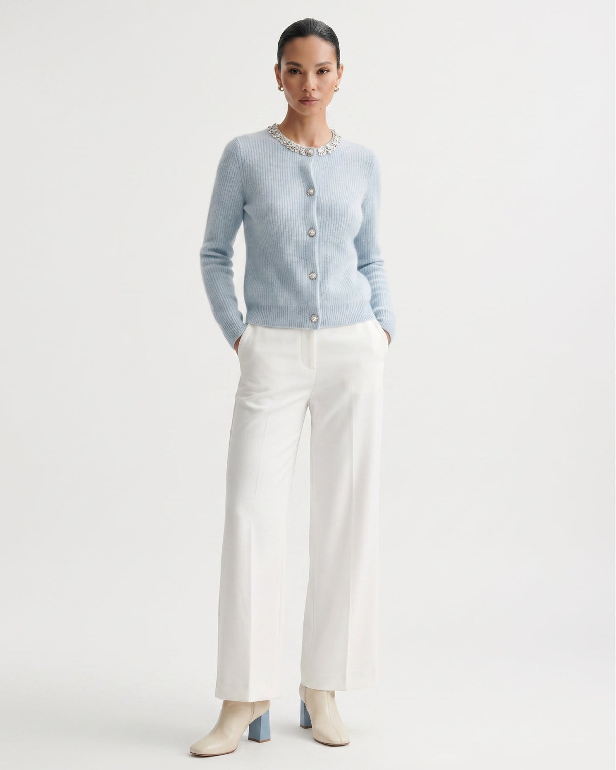 Round Neck Diamond Pattern Knit Pure Cashmere Cardigan – view 6