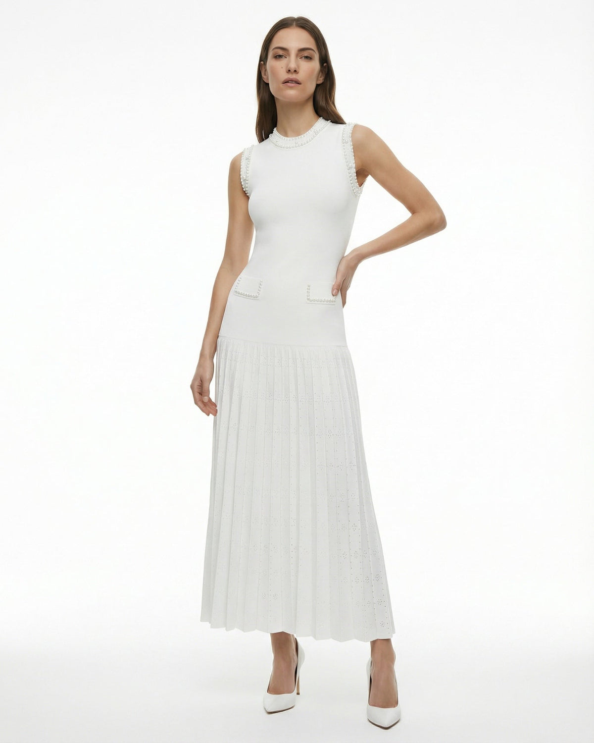 Hamptons Beaded Neck Lace Panel Slim Fit Fishtail Knit Dress