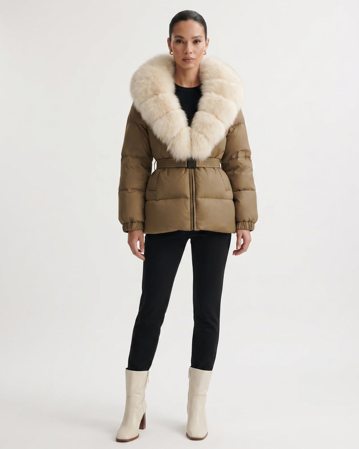 Duck Down Puffer Jacket with Trimmed Hood and Cinched Waist – view 11