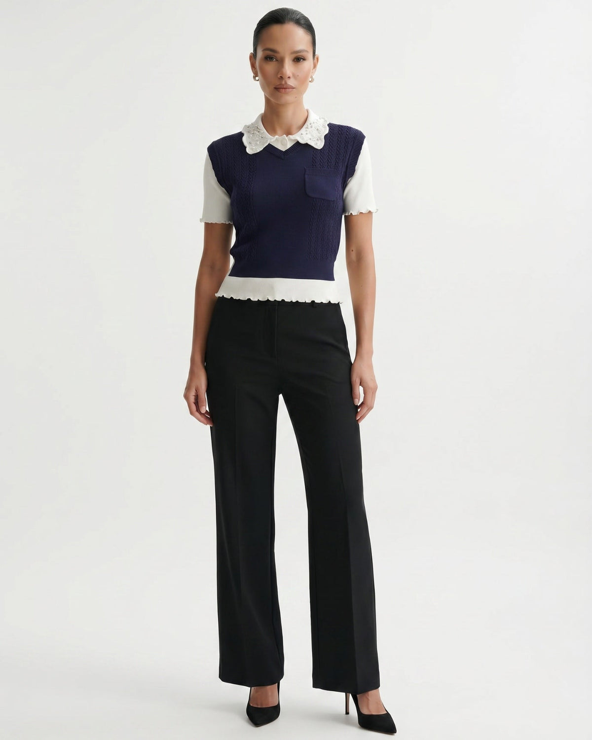 Slim Fit Wool Knitted Top with Lace Polo Collar Detail