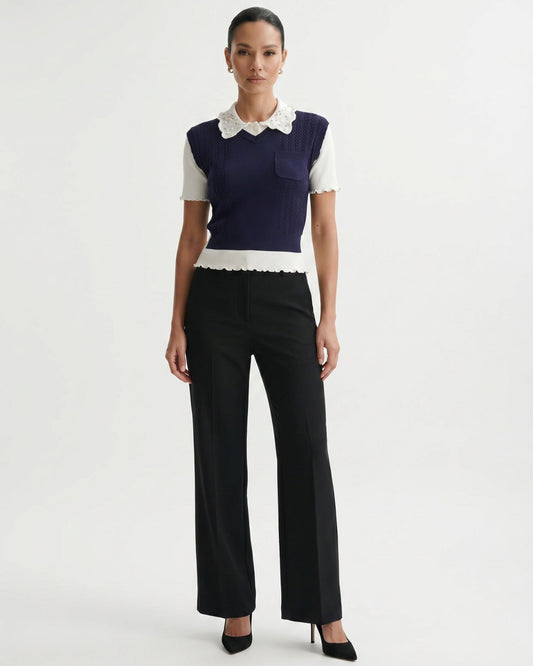 Slim Fit Wool Knitted Top with Lace Polo Collar Detail