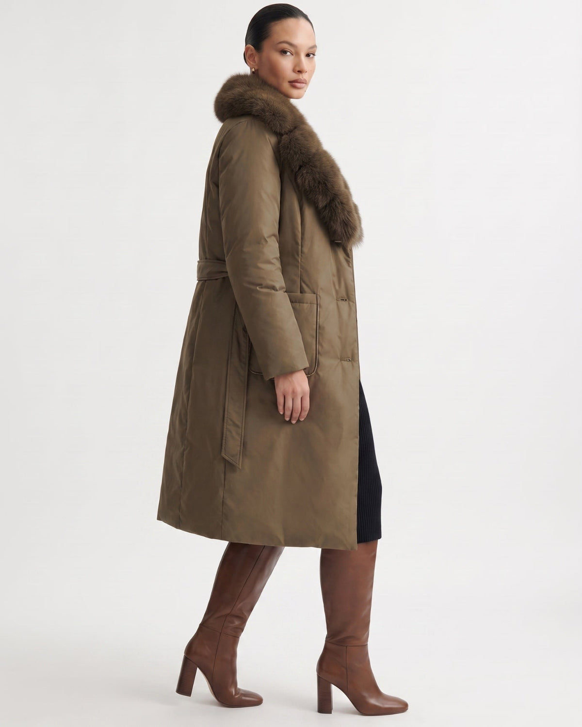 Long Belted Down Coat with Statement Collar – view 9