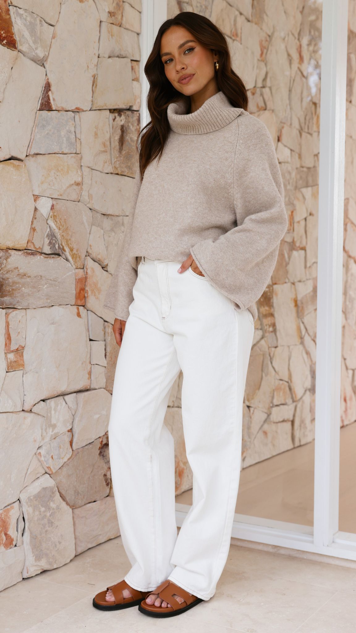 Jacques Ribbed Cowl Neck Wide Sleeve Knit Jumper – Oatmeal – view 12