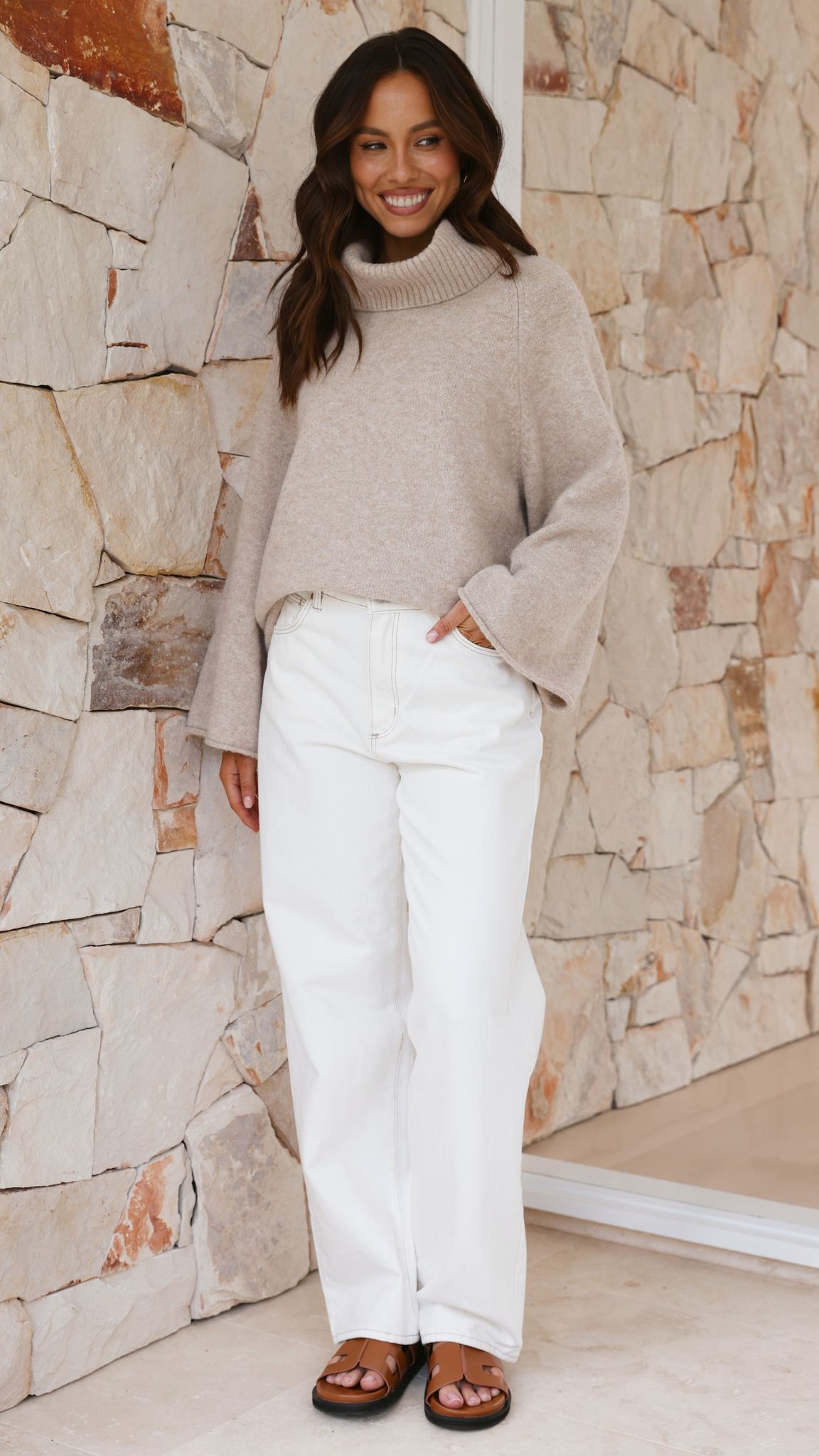 Jacques Ribbed Cowl Neck Wide Sleeve Knit Jumper – Oatmeal – view 13