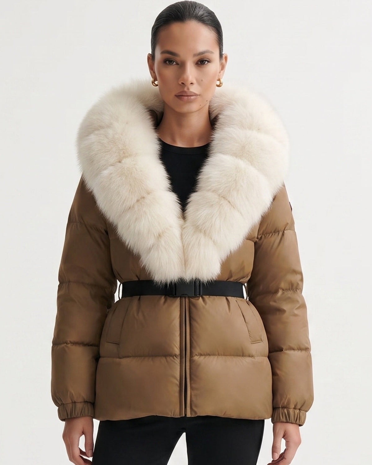 Duck Down Puffer Jacket with Trimmed Hood and Cinched Waist