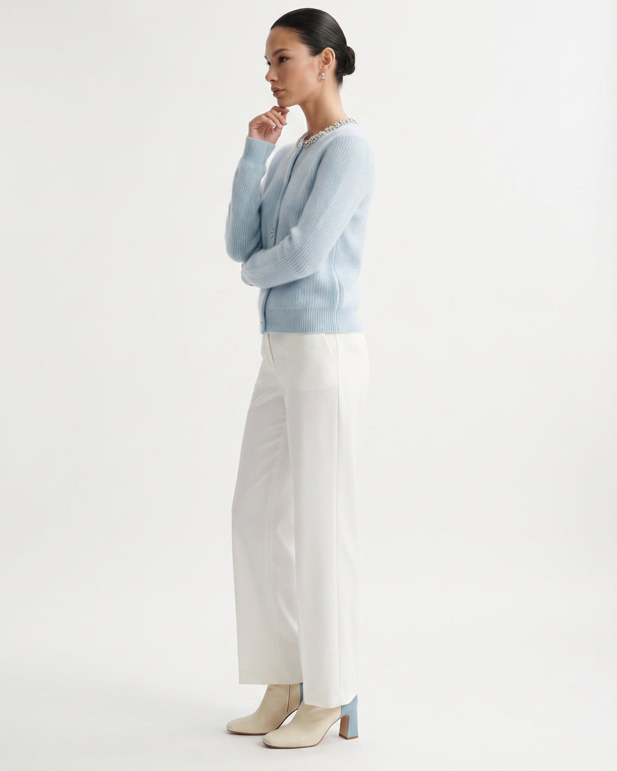 Round Neck Diamond Pattern Knit Pure Cashmere Cardigan – view 7