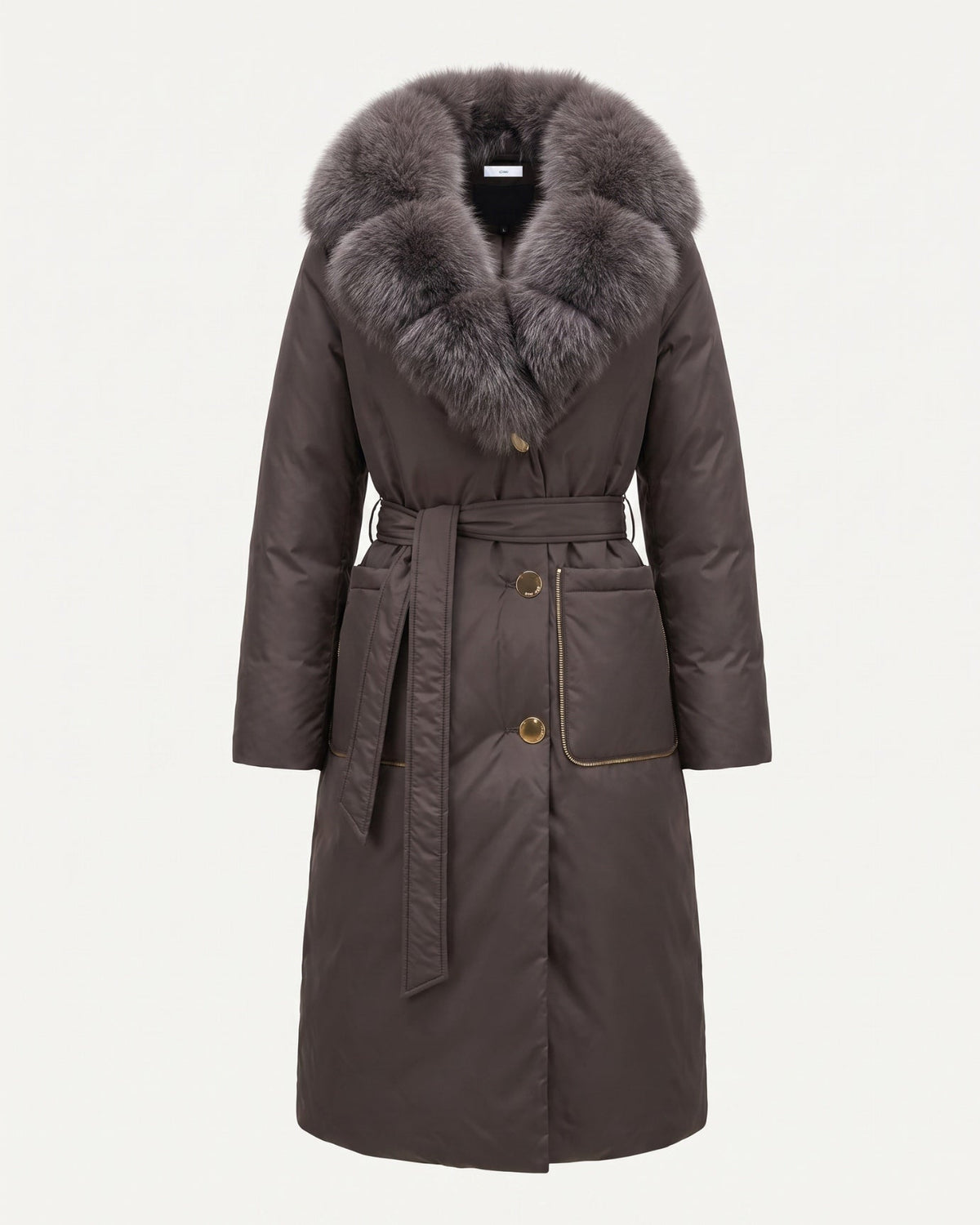 Long Belted Down Coat with Statement Collar