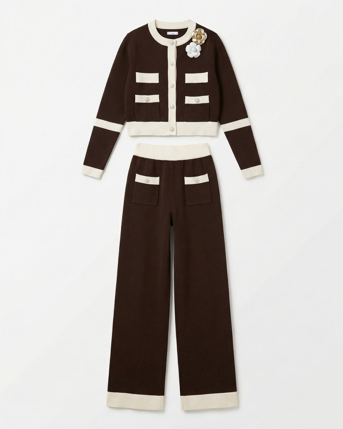Rinna Knitted Long Sleeve Cardigan Jacket and High Waist Trousers Set – Dark Brown – view 1
