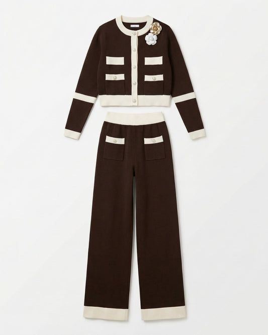 Rinna Knitted Long Sleeve Cardigan Jacket and High Waist Trousers Set