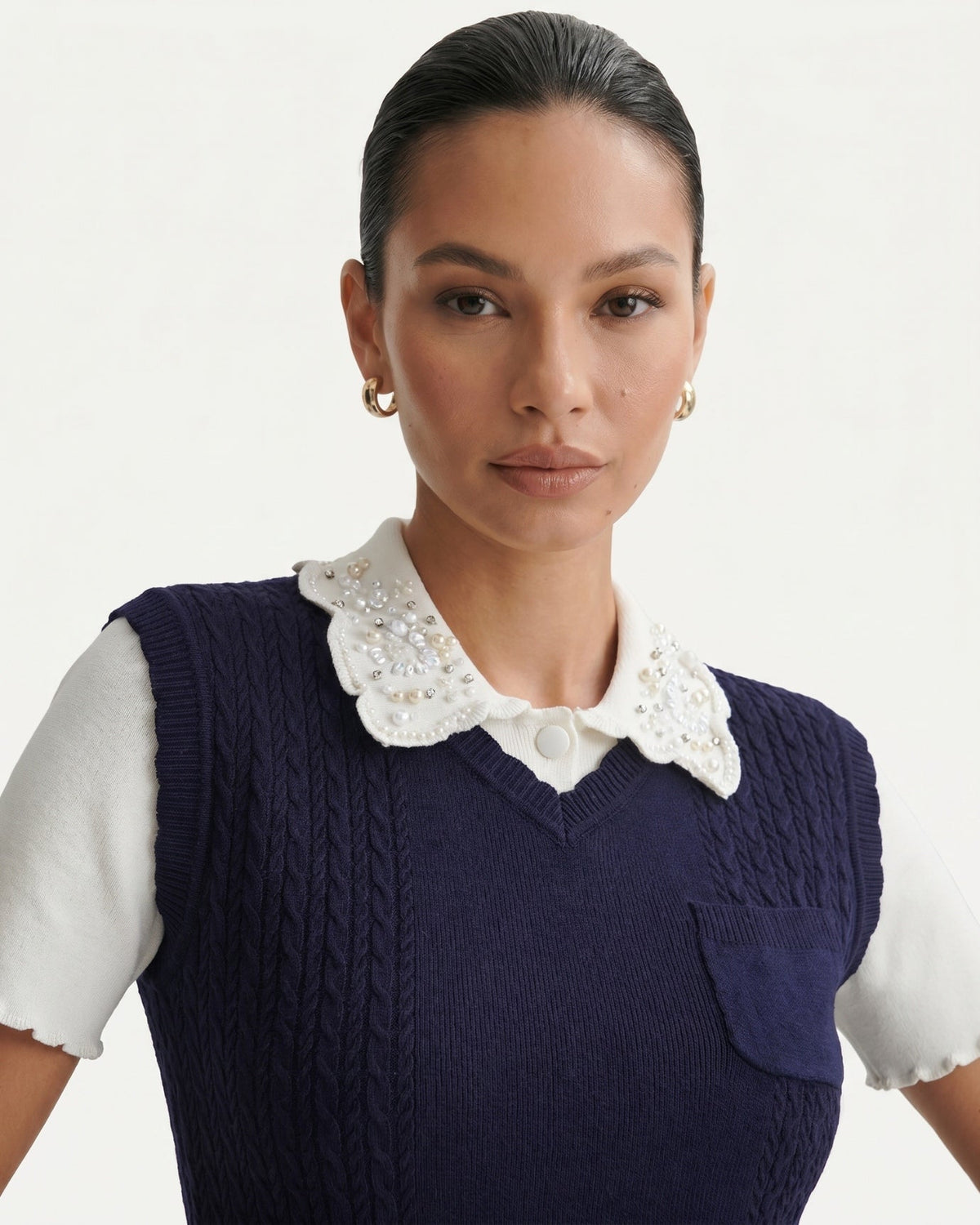 Slim Fit Wool Knitted Top with Lace Polo Collar Detail
