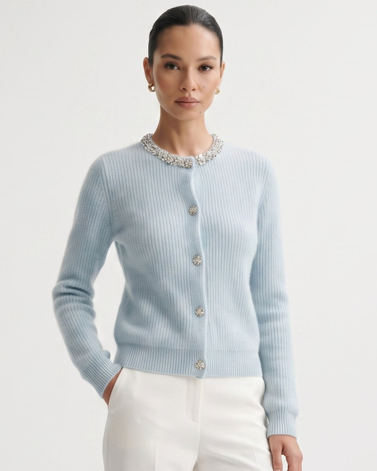 Round Neck Diamond Pattern Knit Pure Cashmere Cardigan – view 8