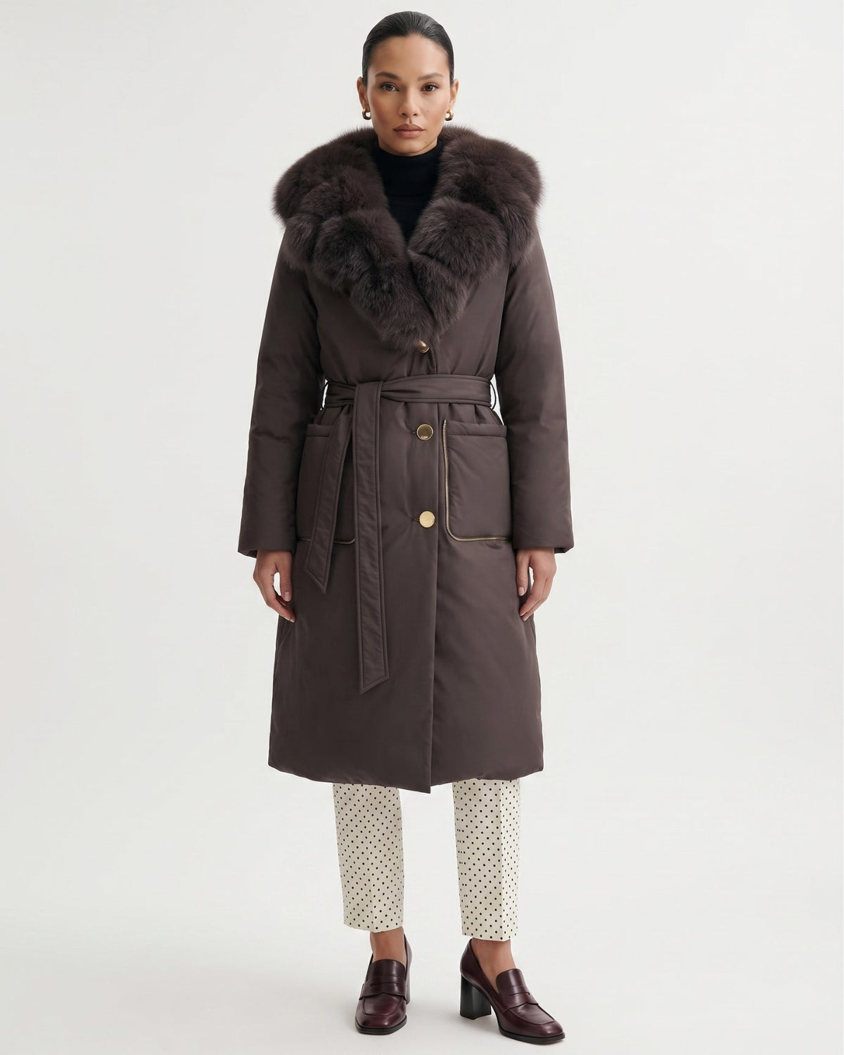 Long Belted Down Coat with Statement Collar