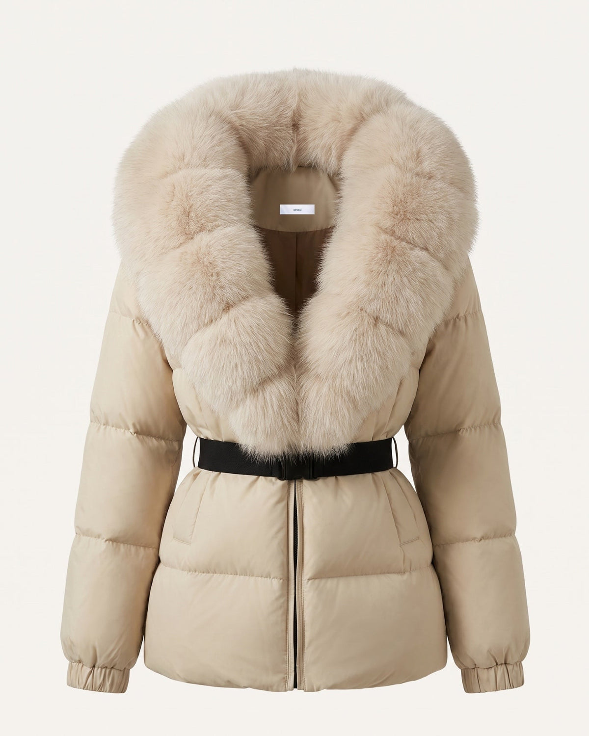 Duck Down Puffer Jacket with Trimmed Hood and Cinched Waist