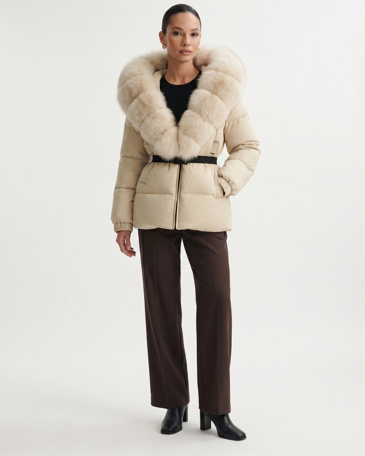 Duck Down Puffer Jacket with Trimmed Hood and Cinched Waist