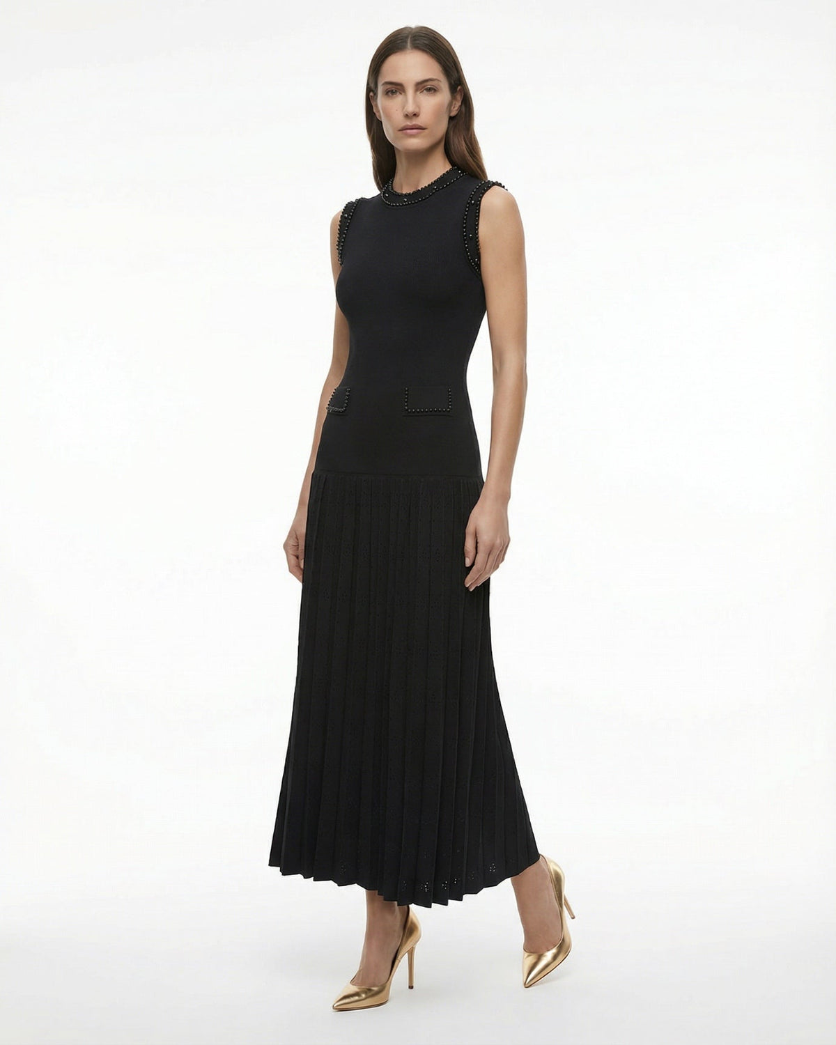 Hamptons Beaded Neck Lace Panel Slim Fit Fishtail Knit Dress – view 8