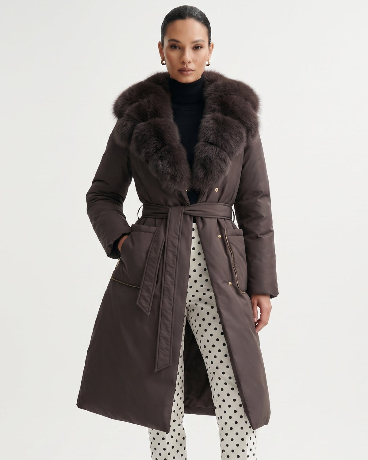 Long Belted Down Coat with Statement Collar – view 12