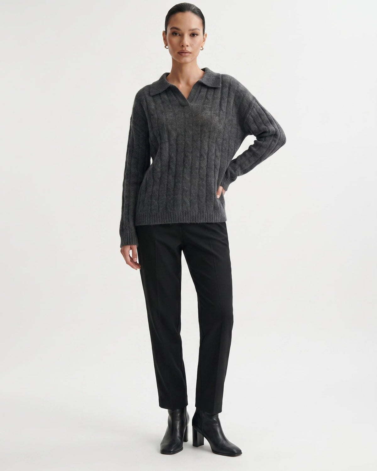 Dina Cashmere and Mulberry Silk Oversized Long Sleeve Polo Top