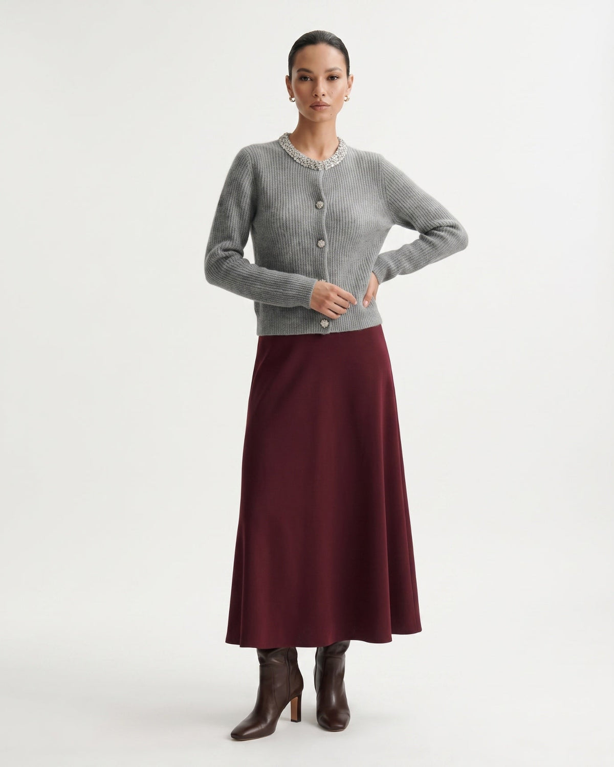 Round Neck Diamond Pattern Knit Pure Cashmere Cardigan – view 10