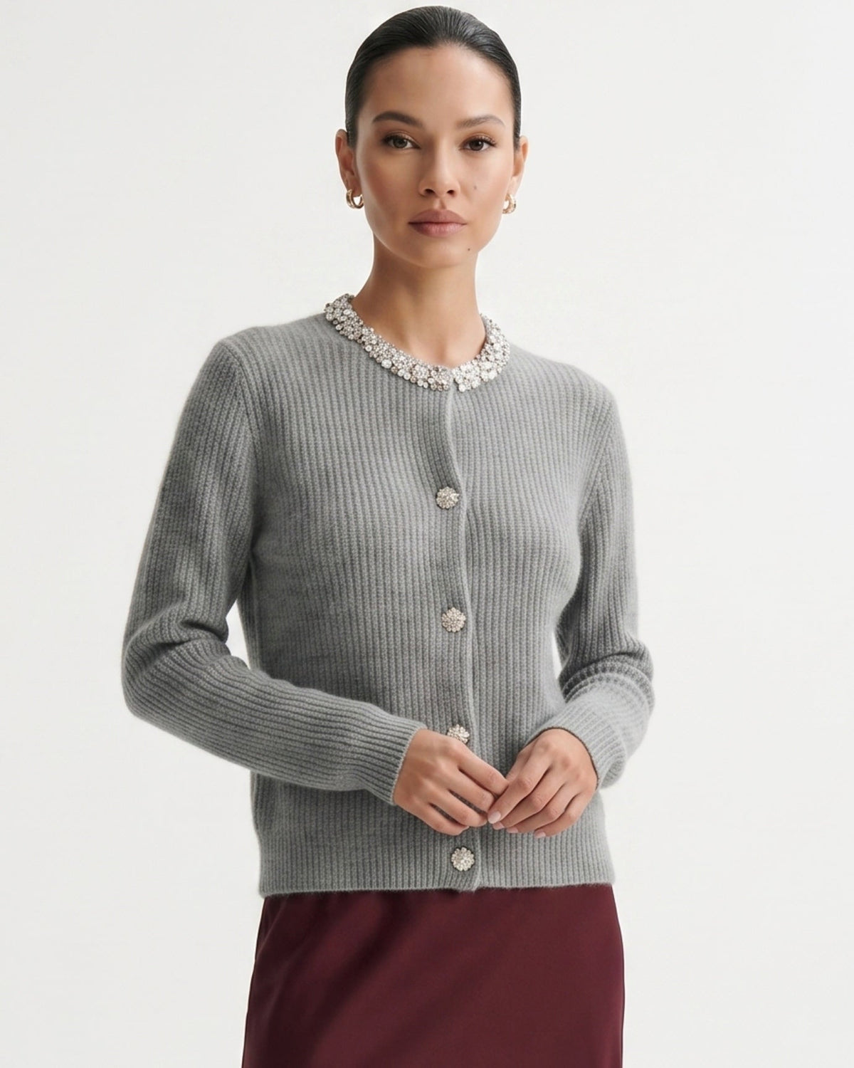 Round Neck Diamond Pattern Knit Pure Cashmere Cardigan – view 11