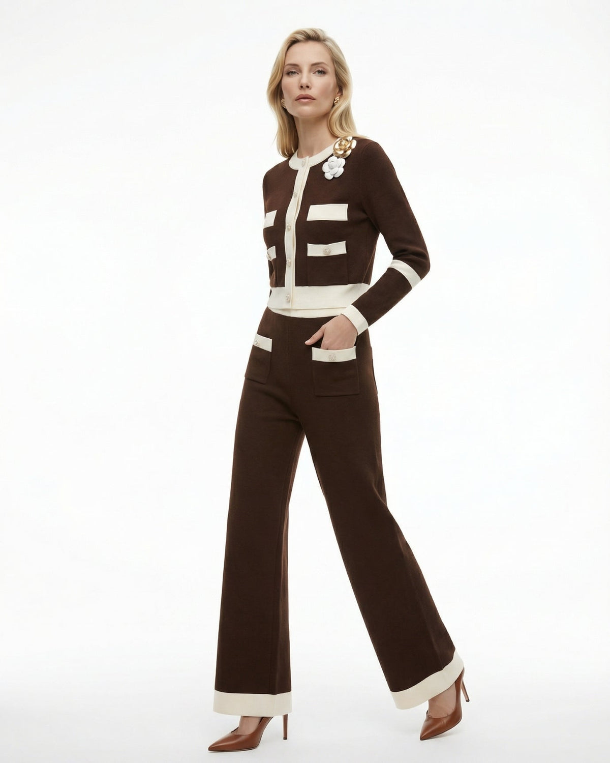 Rinna Knitted Long Sleeve Cardigan Jacket and High Waist Trousers Set