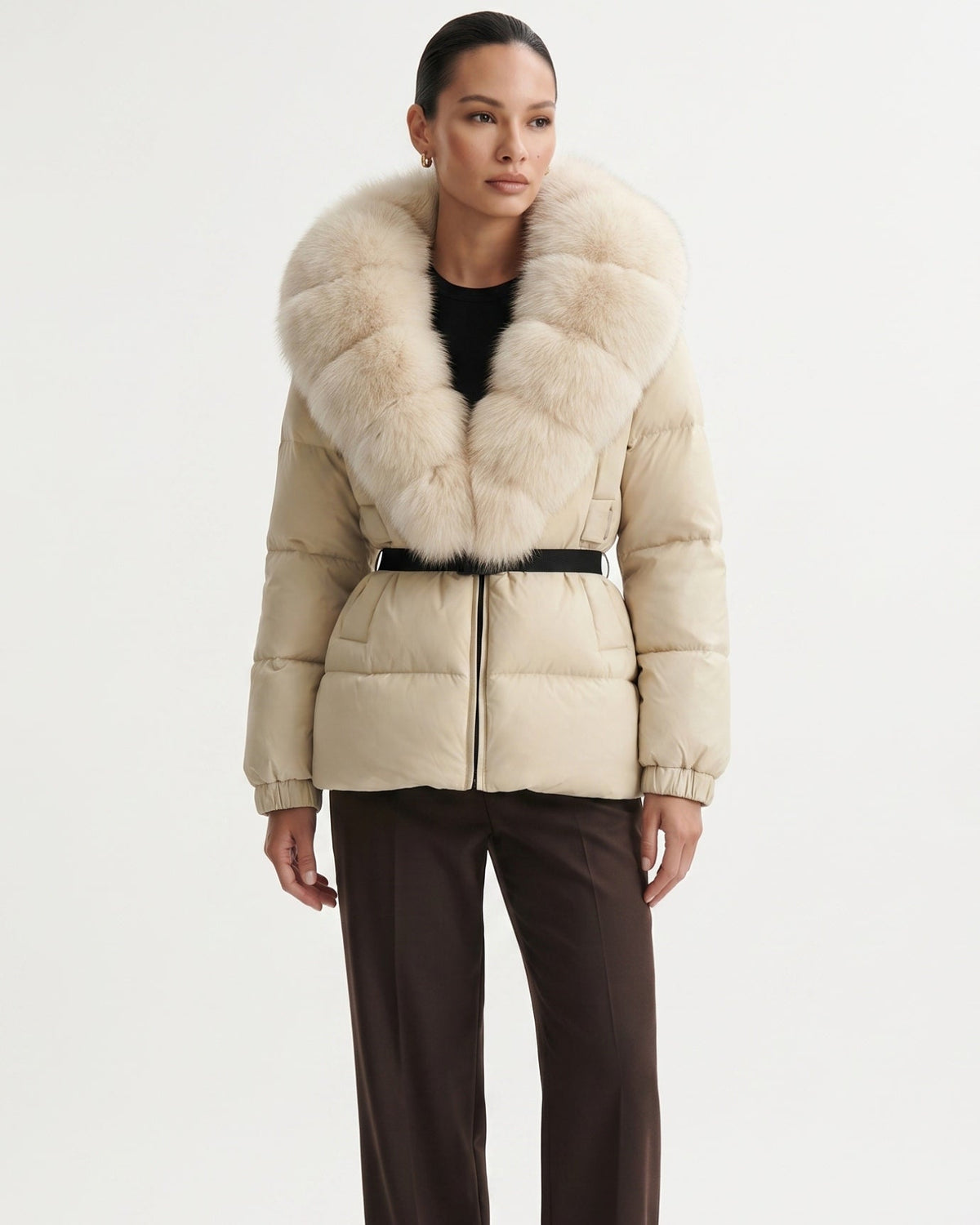 Duck Down Puffer Jacket with Trimmed Hood and Cinched Waist – view 15